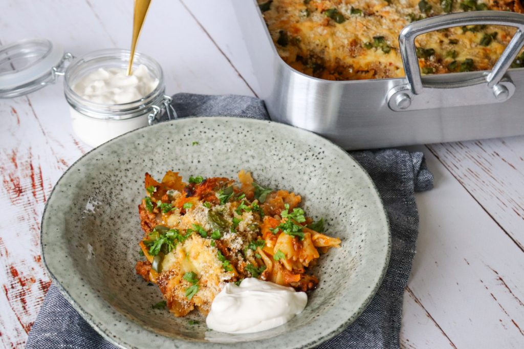 Taco Pasta Bake - Pasta Med Oksekød Og Tacokrydderi Bagt Med Ost